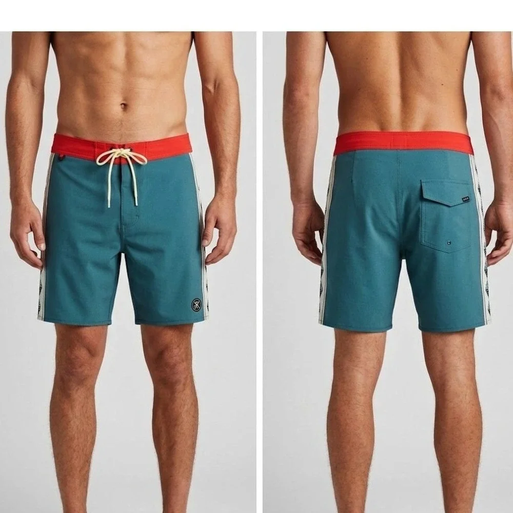 Roark The Passage Boardshorts Mens 38‎ Teal Red Hemp Blend Geometric Surf Swim
